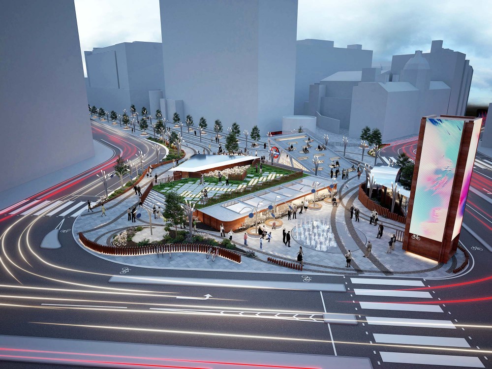 3d dusk rendering of old street iconic gateway roundabout in london