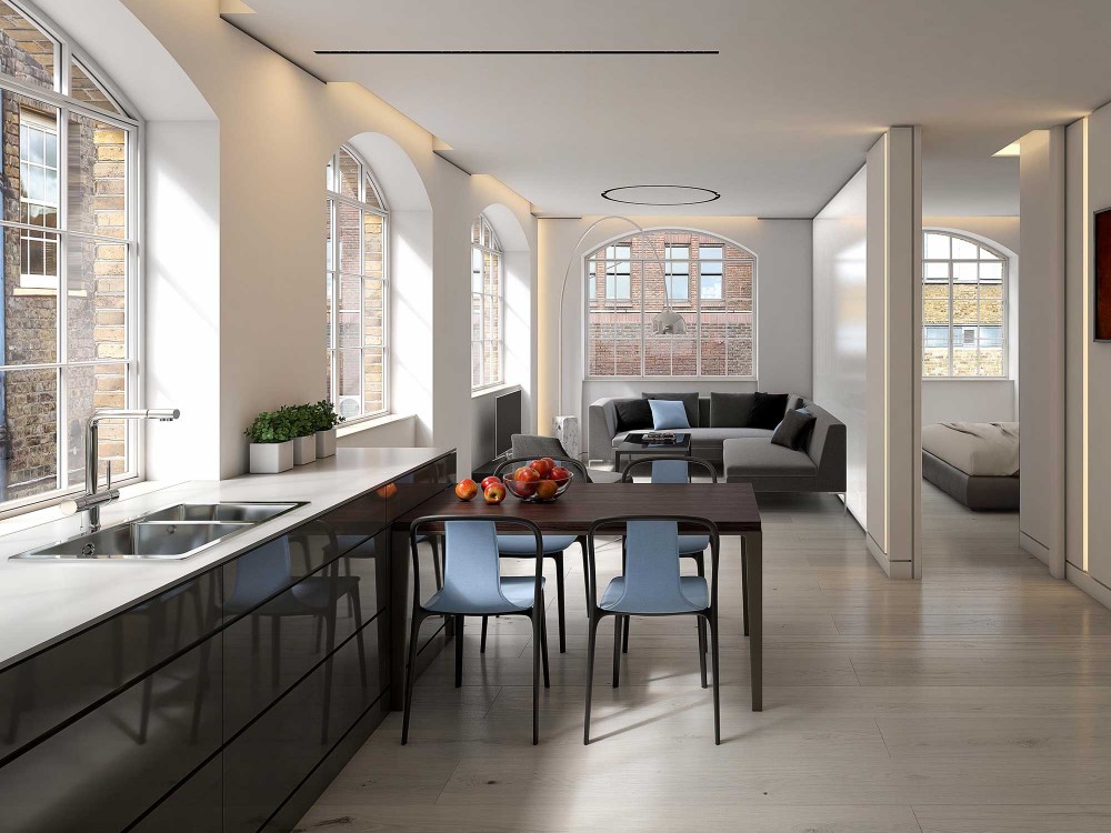 architectural interior residential rendering of a living room of beyham place in camden town