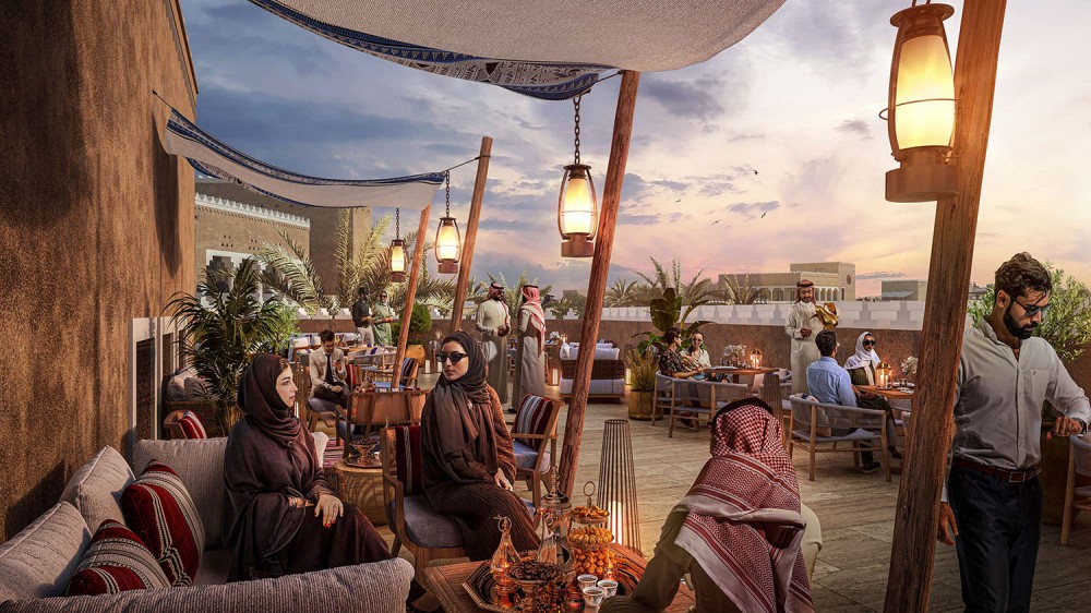 architectural dusk photomontage of the bujairi food hall terrace