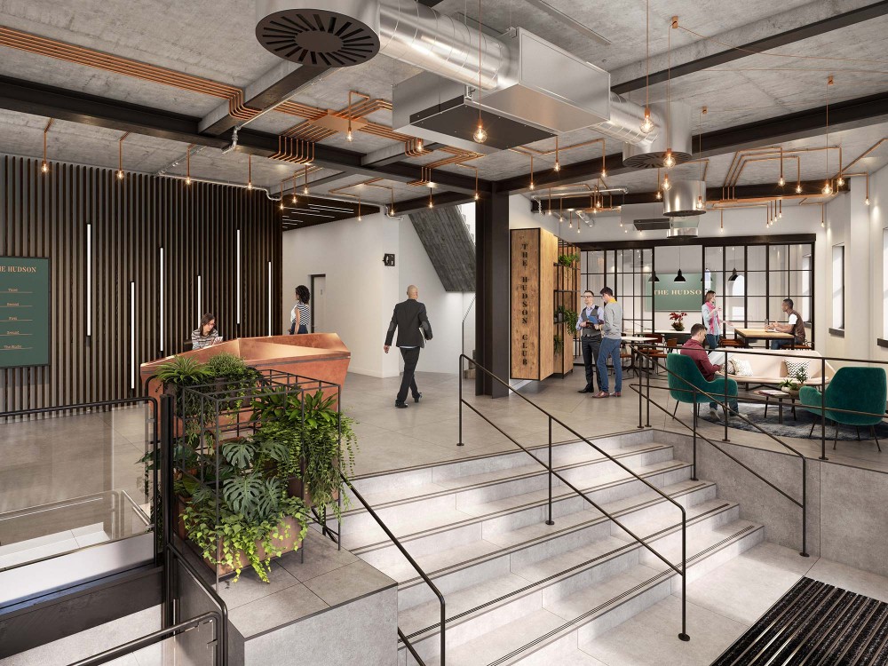 architectural interior render of the hudson club reception in vauxhall